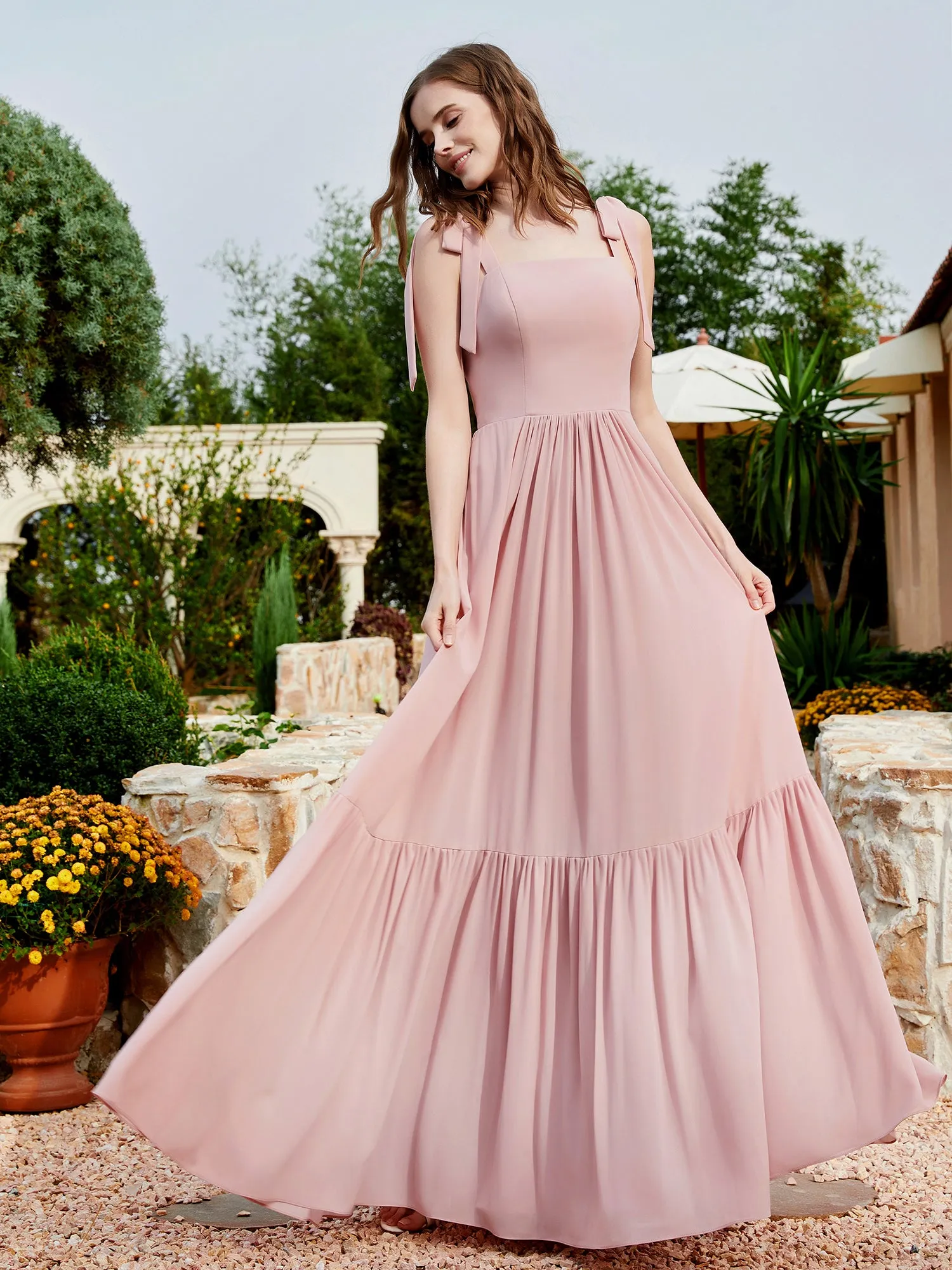 A-Line Bow Ruffle Sleeveless Chiffon Dress Dusty Rose