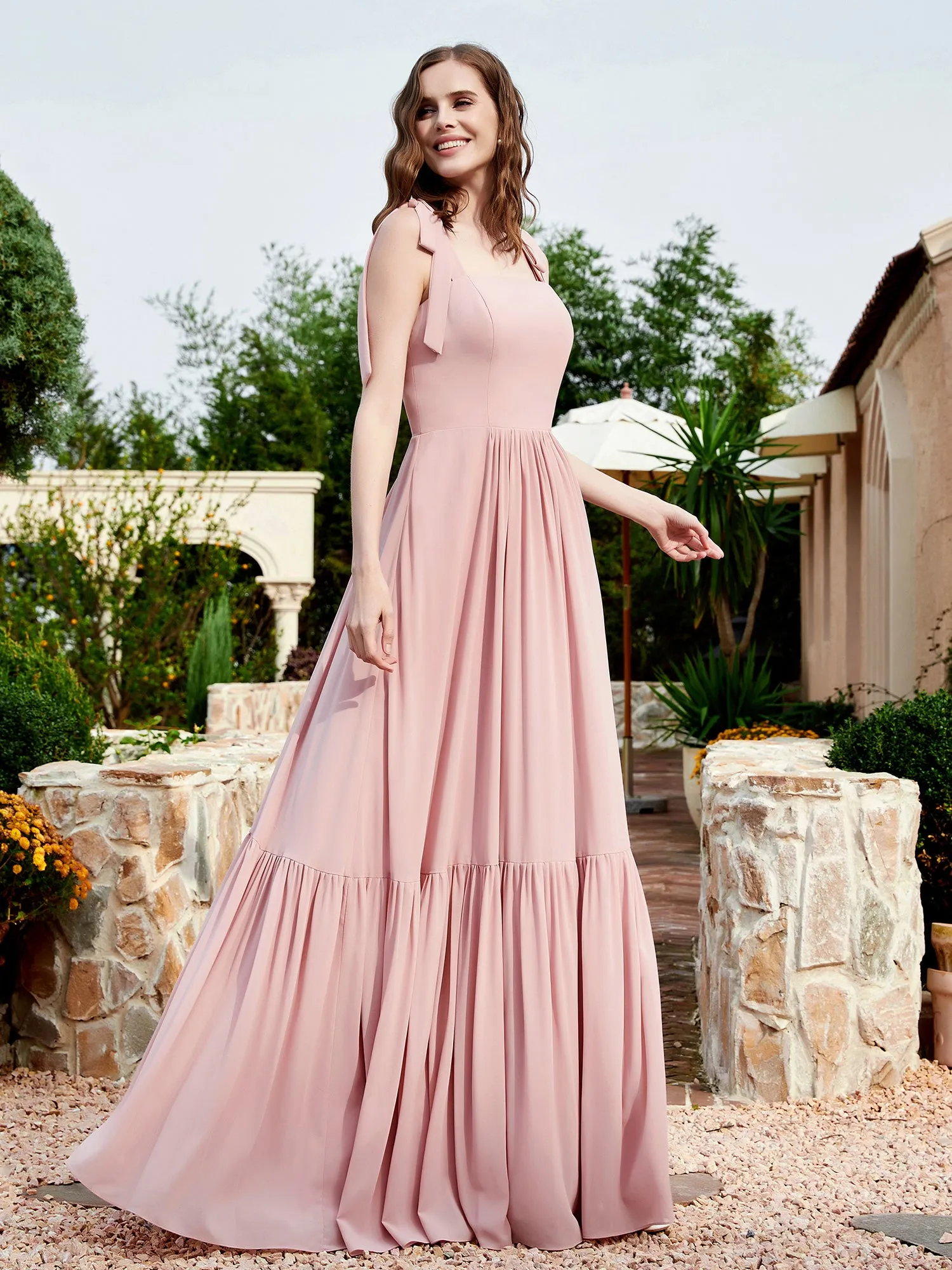 A-Line Bow Ruffle Sleeveless Chiffon Dress Dusty Rose