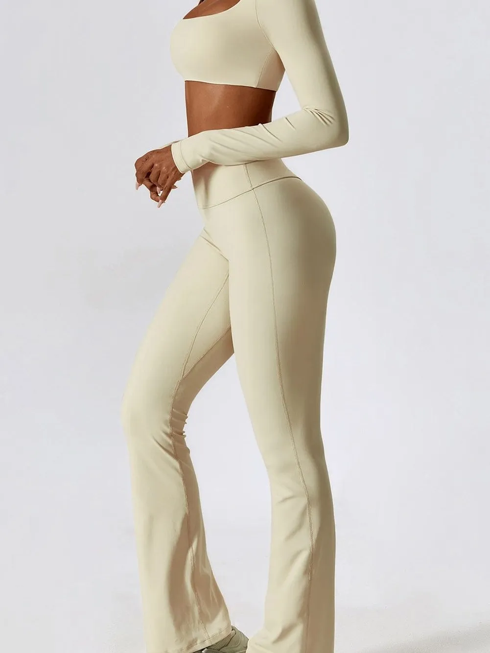 Apricot Square Neck Flared Workout Top & Leggings Ensemble