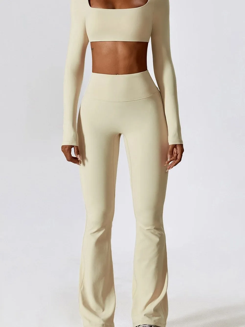 Apricot Square Neck Flared Workout Top & Leggings Ensemble