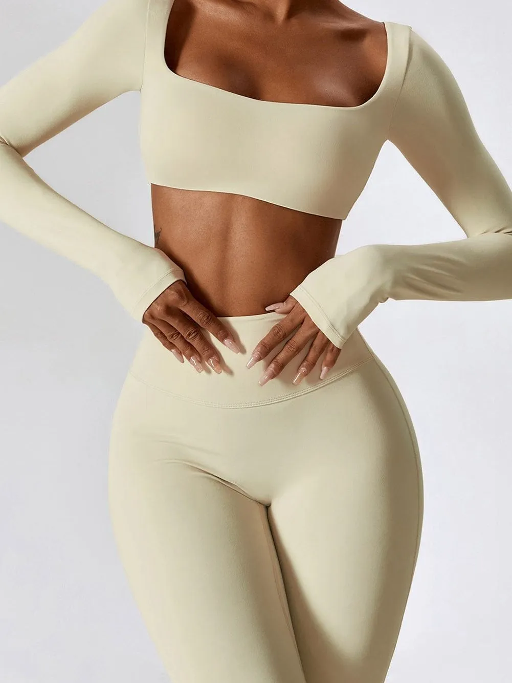 Apricot Square Neck Flared Workout Top & Leggings Ensemble