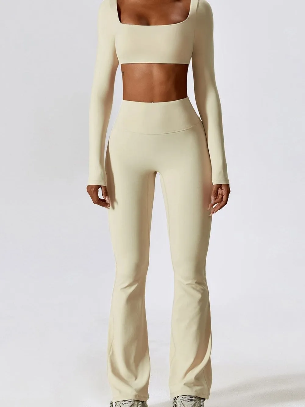 Apricot Square Neck Flared Workout Top & Leggings Ensemble