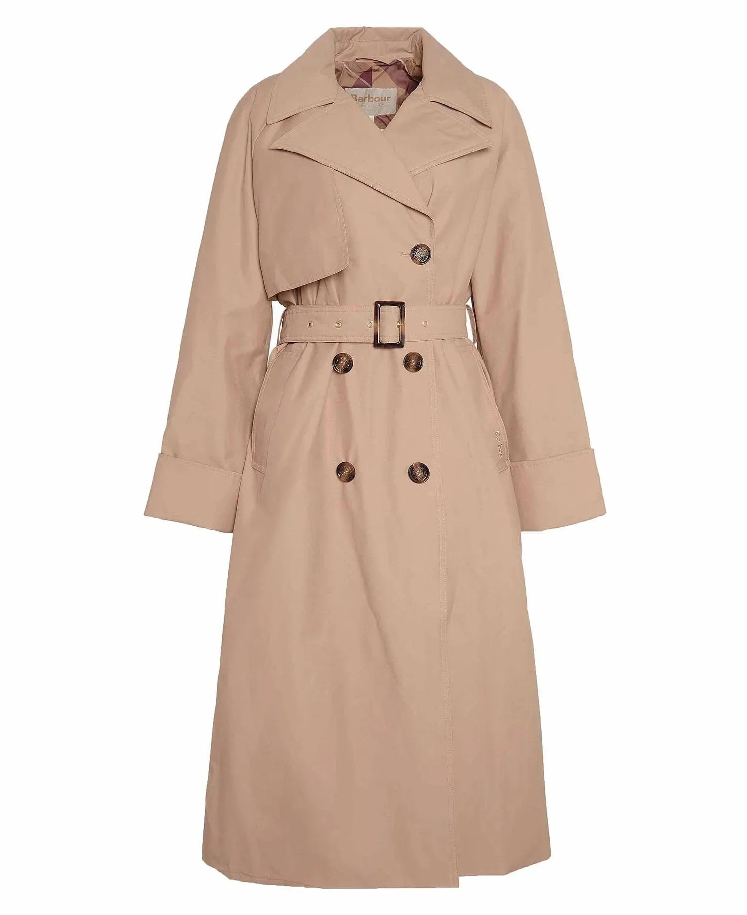 Barbour Gwyn Showerproof Trench Coat in Honey/Muted Cabernet Tartan