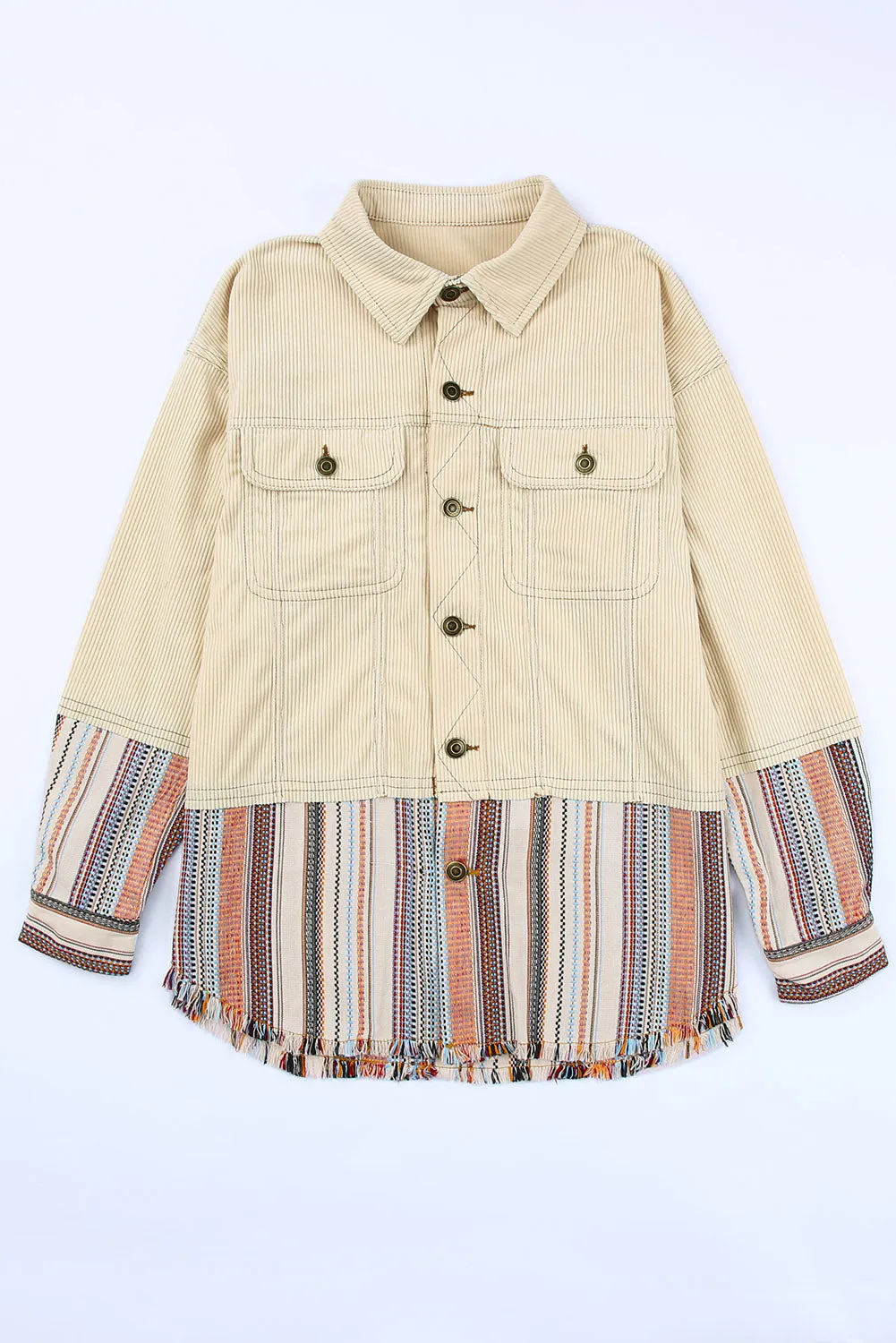 Beige Button Up Pockets Striped Color Block Corduroy Jacket