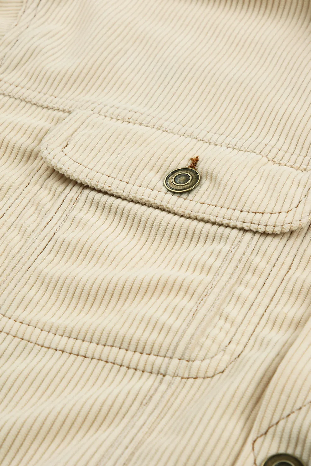 Beige Button Up Pockets Striped Color Block Corduroy Jacket