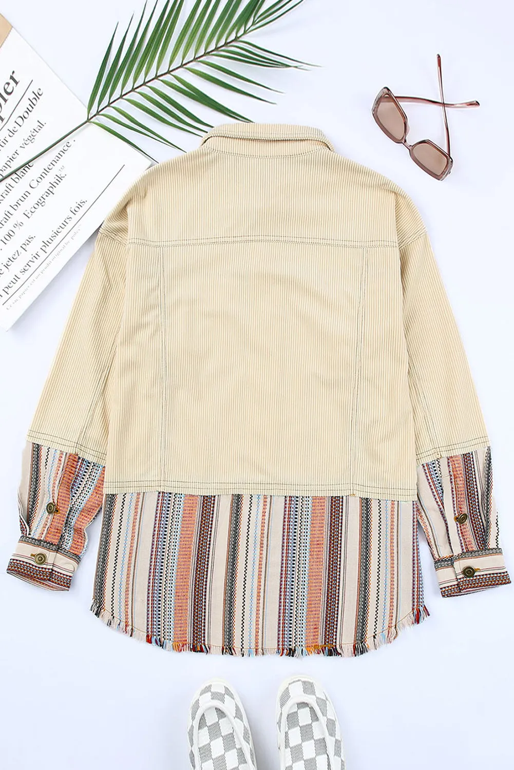 Beige Button Up Pockets Striped Color Block Corduroy Jacket