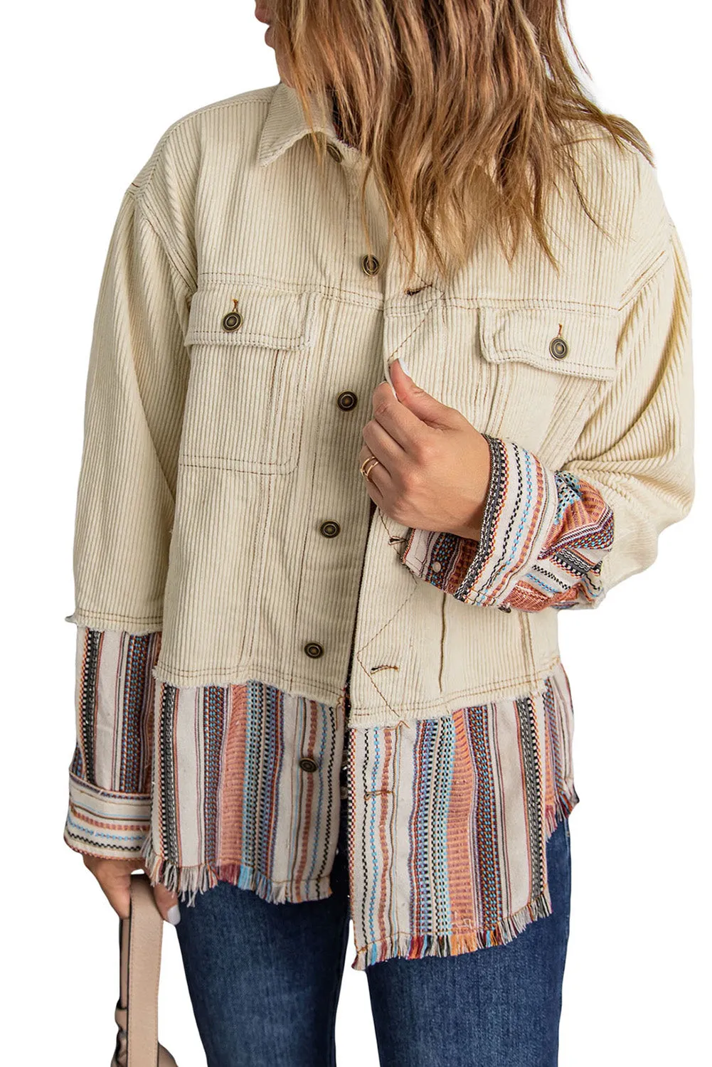 Beige Button Up Pockets Striped Color Block Corduroy Jacket