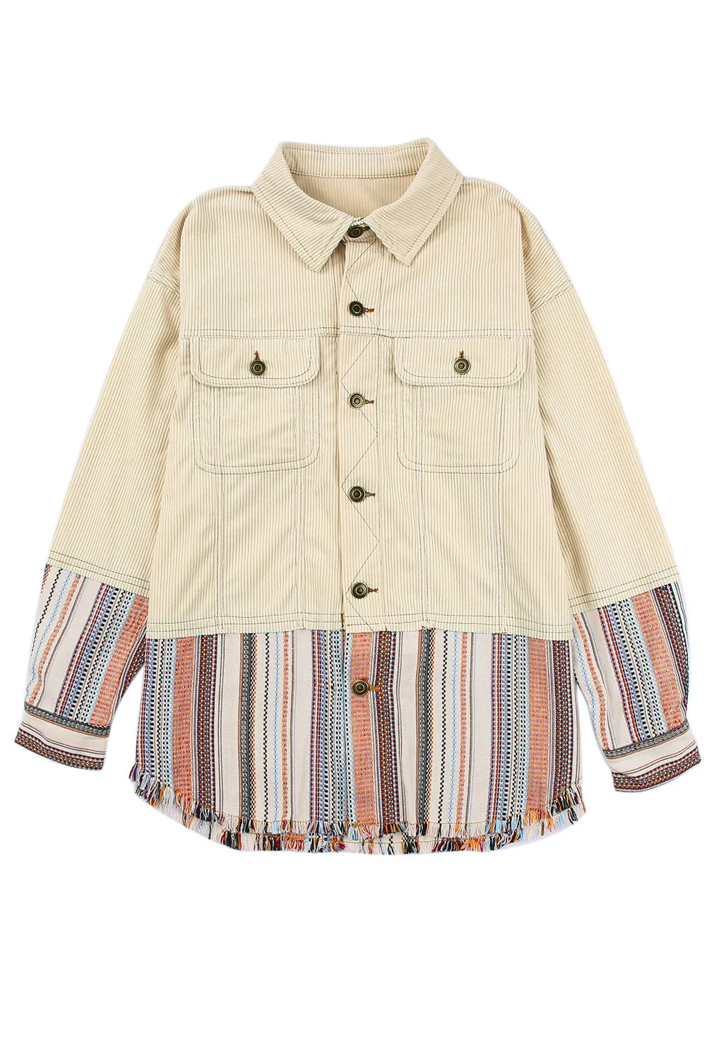 Beige Button Up Pockets Striped Color Block Corduroy Jacket