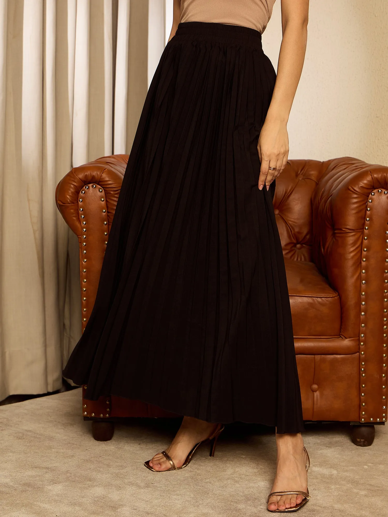 Berrylush BIZwear Women Solid Black High-Rise Waist Slip-On Pleated A-Line Maxi Skirt