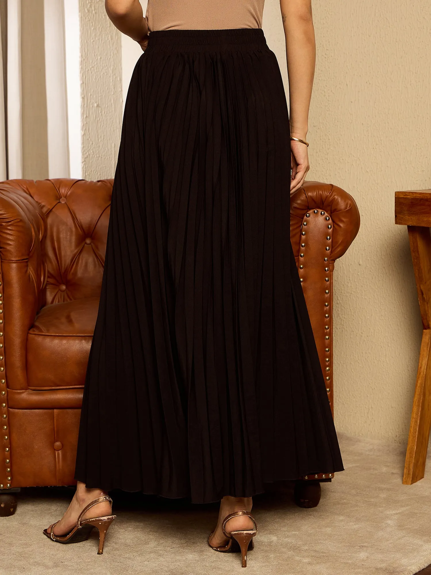 Berrylush BIZwear Women Solid Black High-Rise Waist Slip-On Pleated A-Line Maxi Skirt