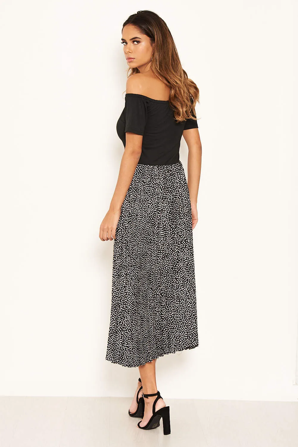 Black 2 in 1 Polka Dot Pleated Midi Dress