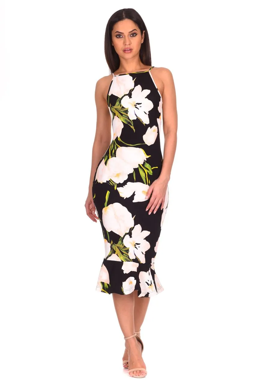 Black Floral Fishtail Hem Midi Dress