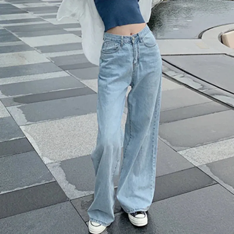 Bonnyshow Autumn Spring Jeans Women Denim Pants Vintage Straight Trousers Fashion Female White Black Solid Loose Casual Wide Leg Pants