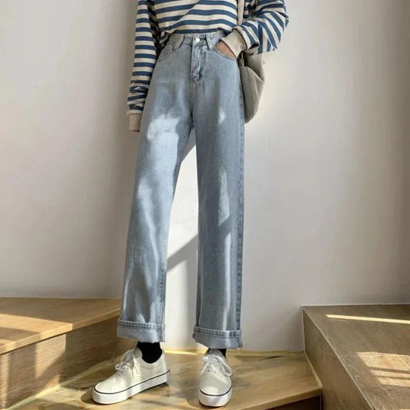 Bonnyshow Autumn Spring Jeans Women Denim Pants Vintage Straight Trousers Fashion Female White Black Solid Loose Casual Wide Leg Pants