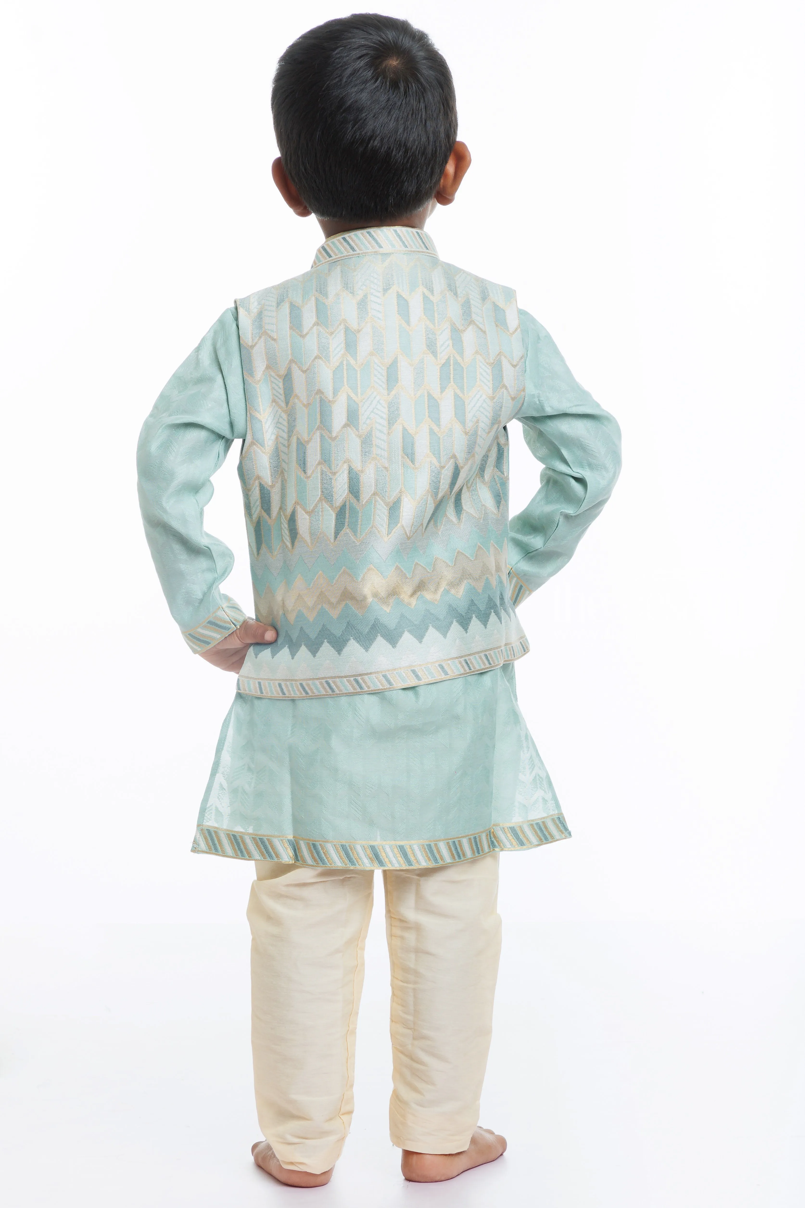 Boys Aqua Blue Jacket and Cream Kurta Pant Ensemble