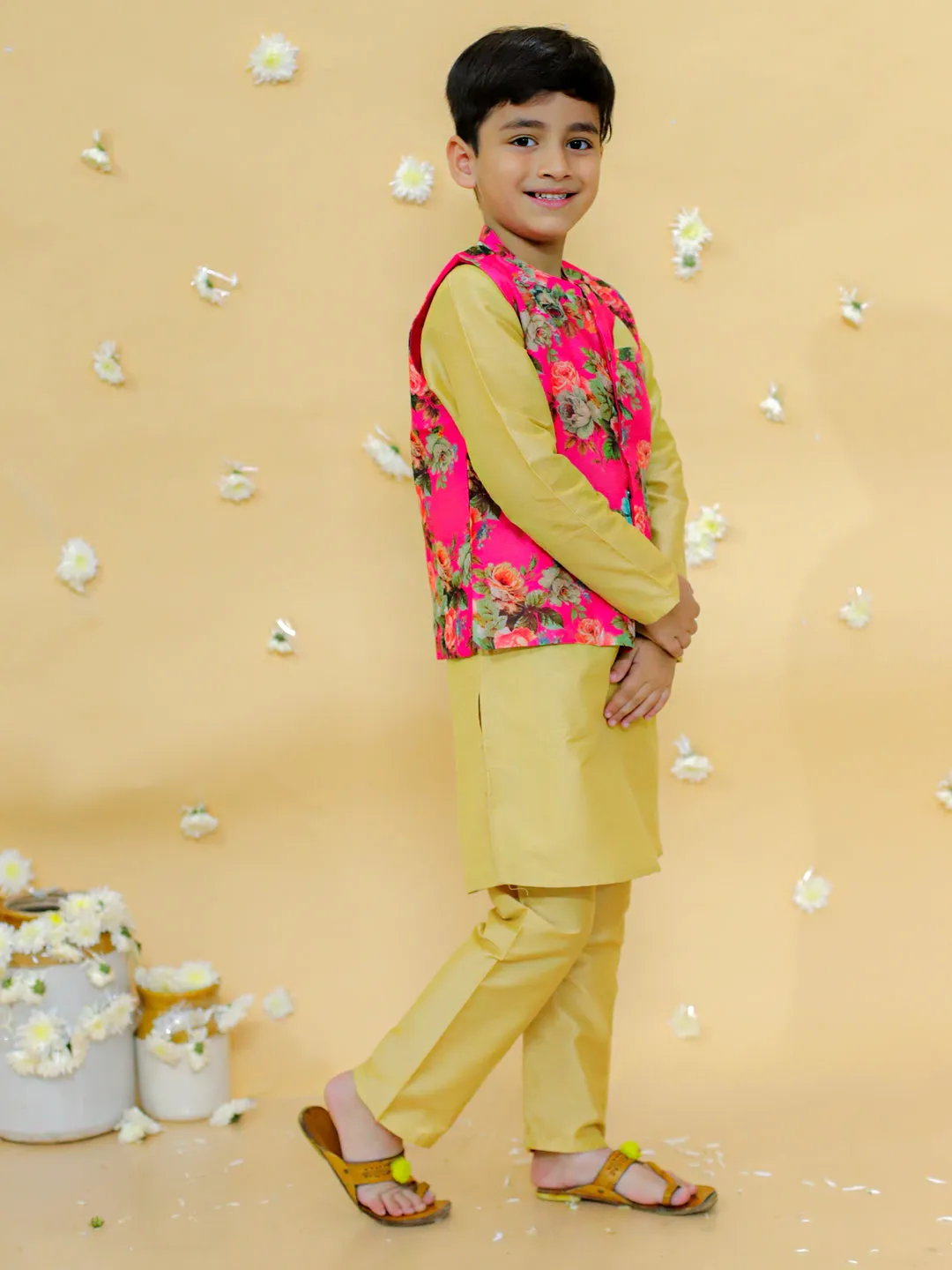 Boy's cotton silk kurta pyjama set with digital floral print jacket- Gold - Lil Peacock