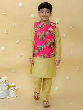 Boy's cotton silk kurta pyjama set with digital floral print jacket- Gold - Lil Peacock