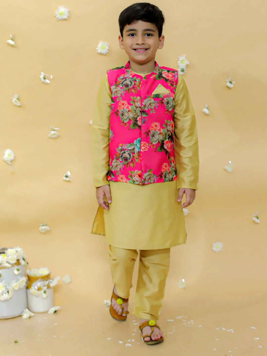 Boy's cotton silk kurta pyjama set with digital floral print jacket- Gold - Lil Peacock