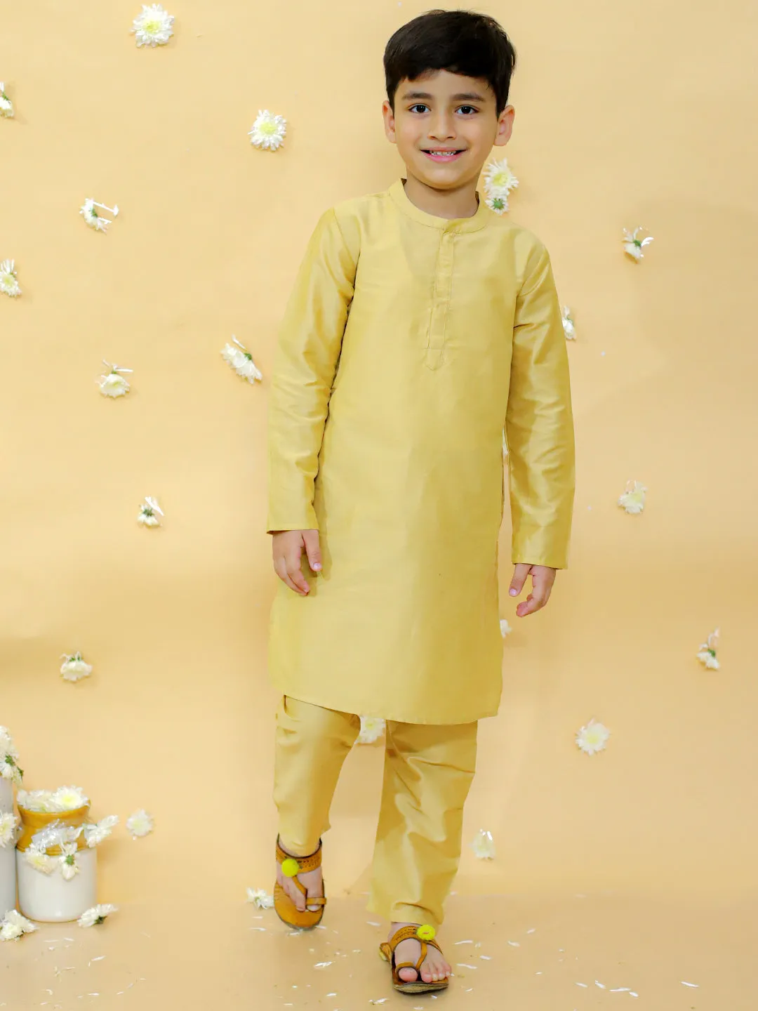 Boy's cotton silk kurta pyjama set with digital floral print jacket- Gold - Lil Peacock