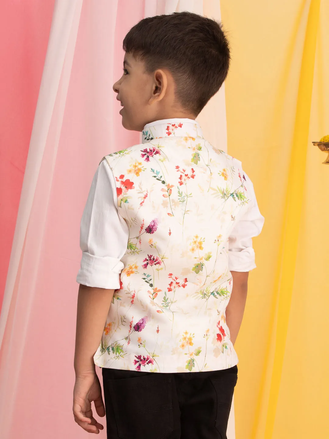 Boy's Multi Color Cream Base Nehru Jacket - Vastramay Boys