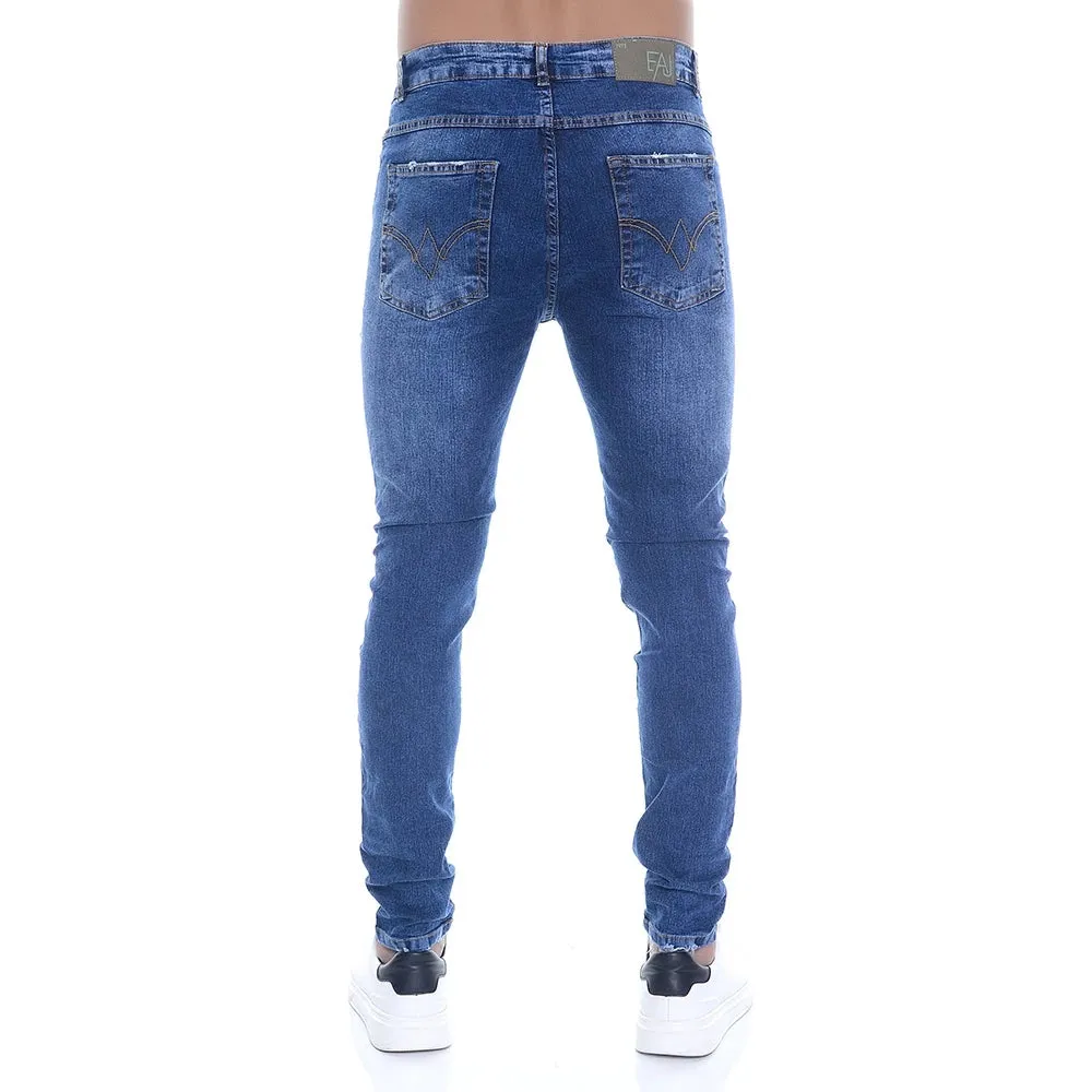 Calça Jeans Masculina Skinny Com Puídos E Elastano