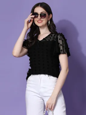 Casual Ruffled Sleeves Self Design V-Neck Women Top