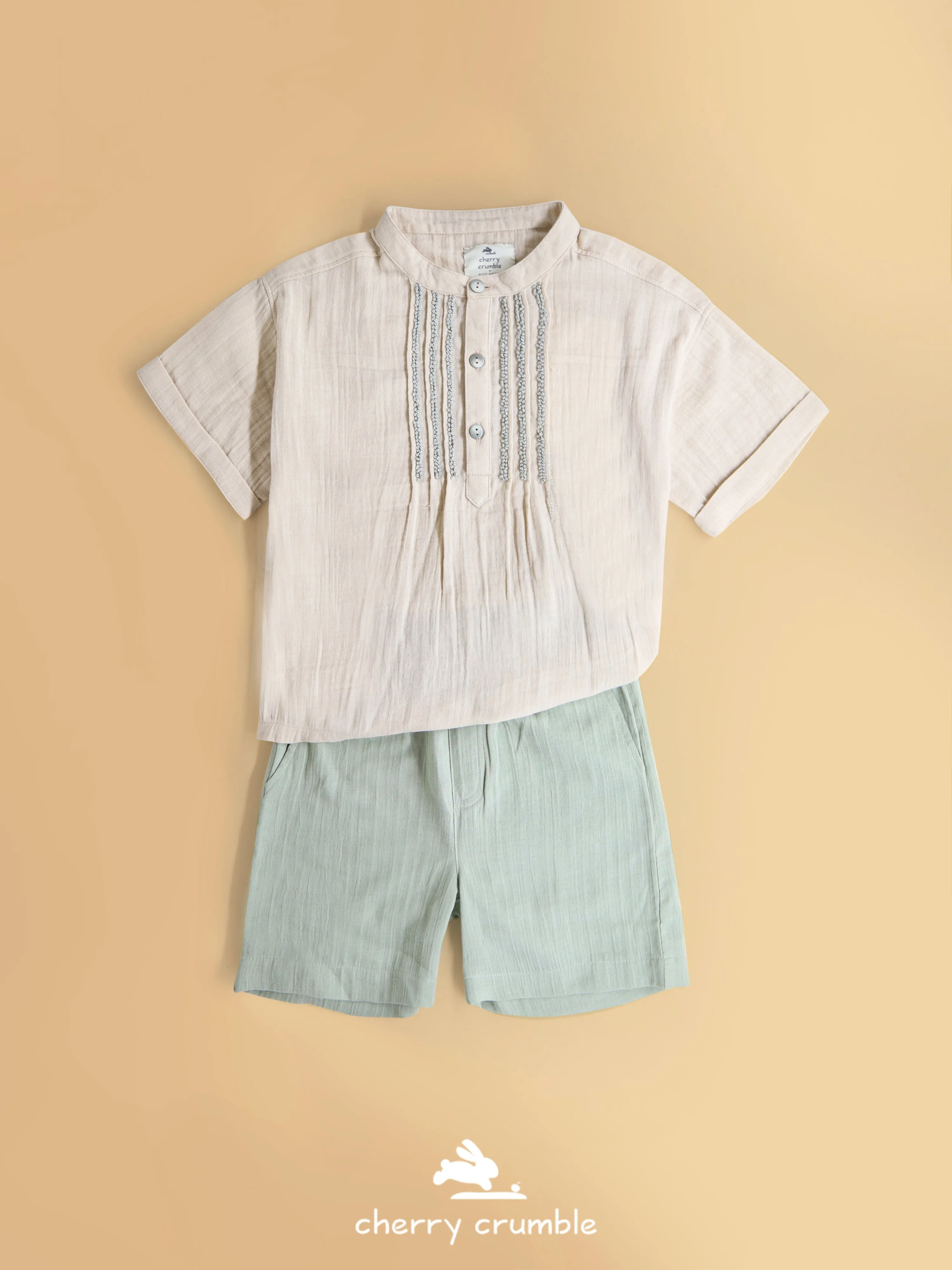 Cherry Crumble Boys Cream & Green Regular Length Self Texture Top & Bottom Set