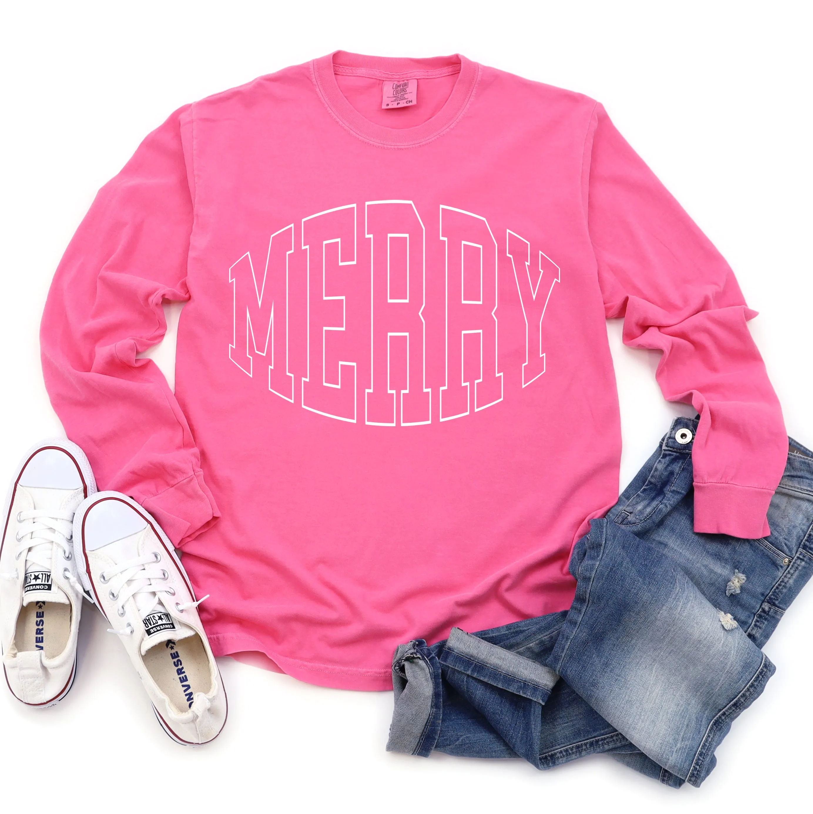 Comfort Colors Long Sleeved Pink Merry University Tee-  Adult Size - Christmas Shirt