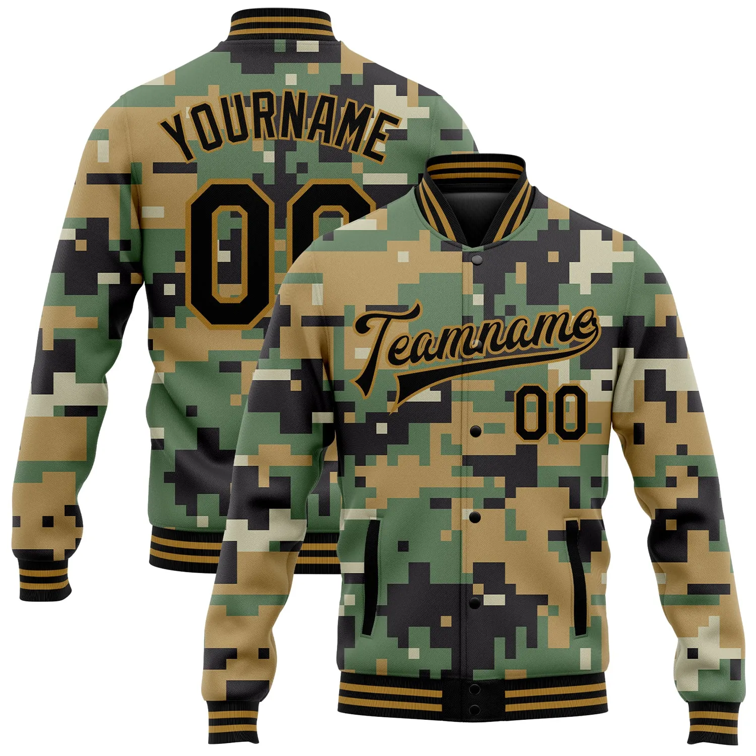 Custom Camo Old Gold-Black Digital Camouflage 3D Bomber Full-Snap Varsity Letterman Salute To Service Jacket