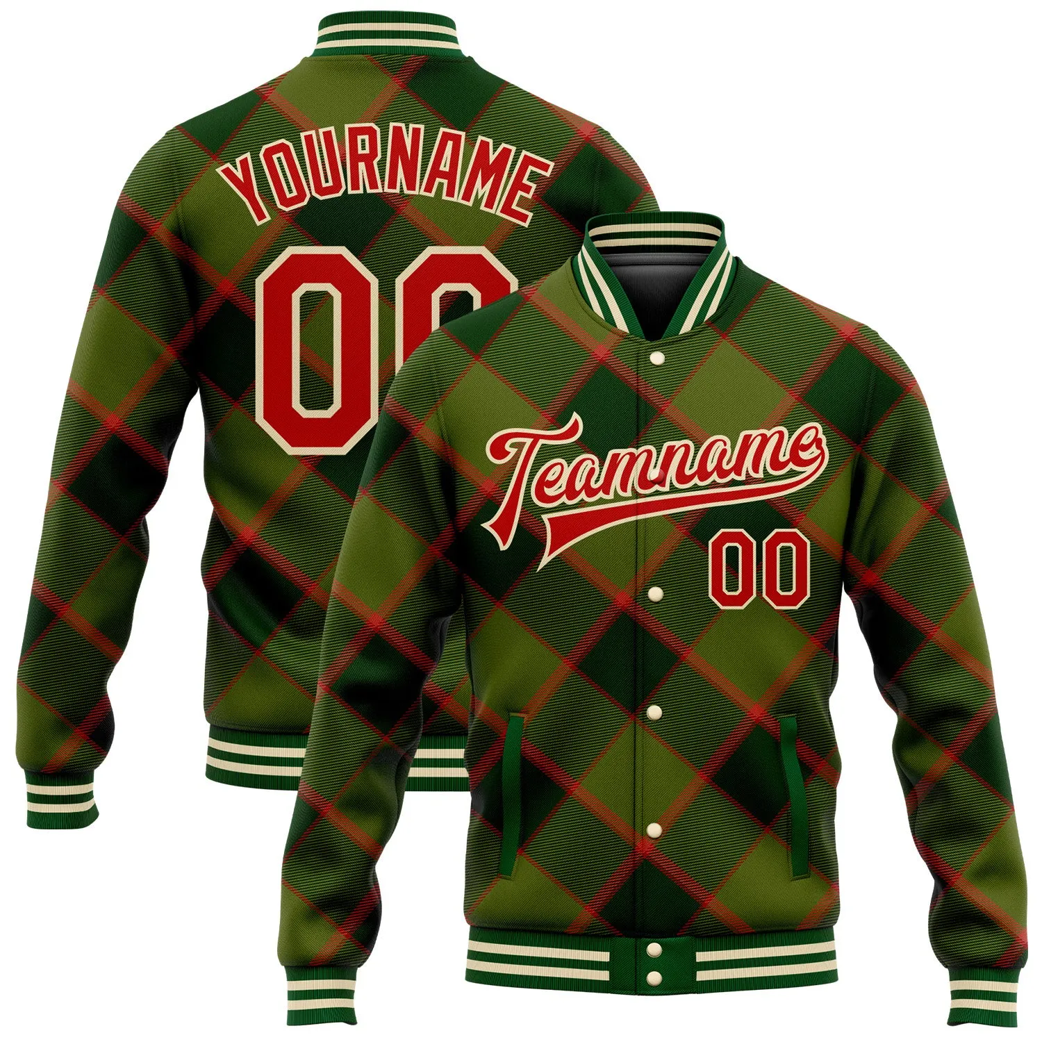 Custom Green Red-Cream Check Board 3D Pattern Design Bomber Full-Snap Varsity Letterman Jacket