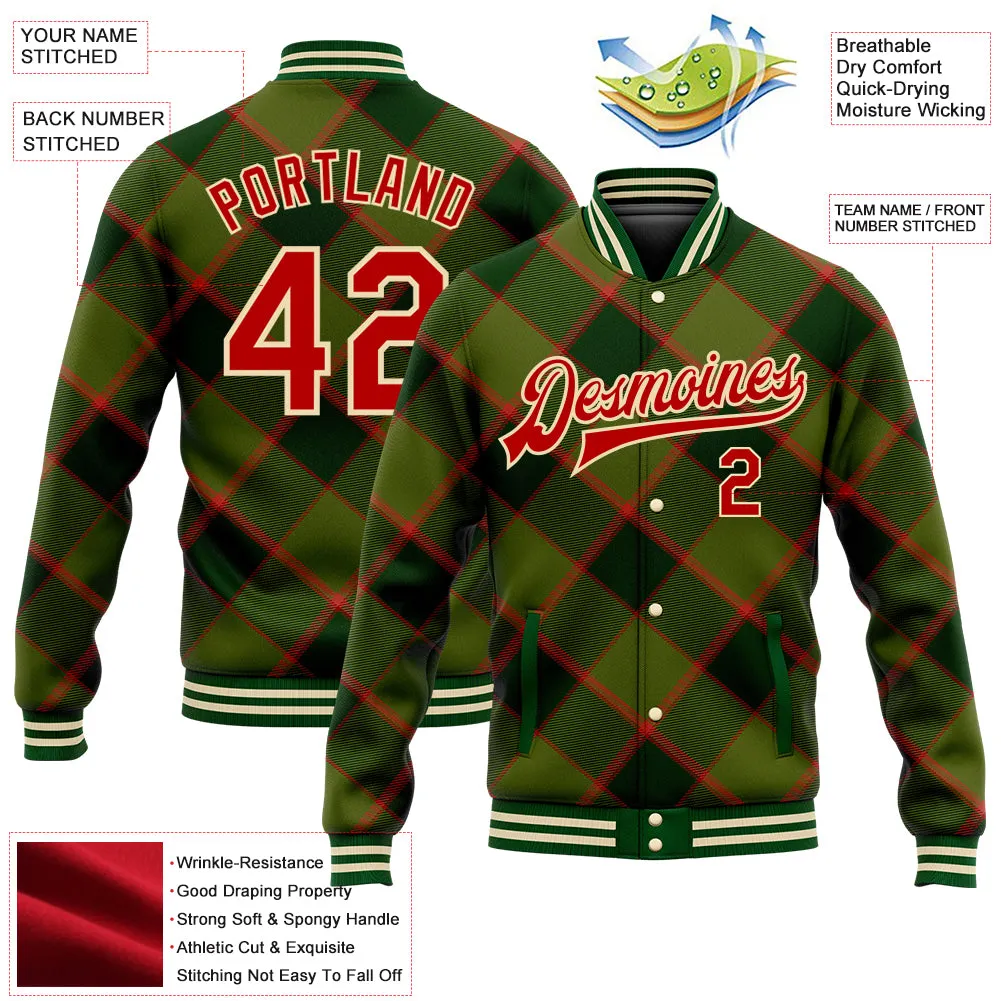 Custom Green Red-Cream Check Board 3D Pattern Design Bomber Full-Snap Varsity Letterman Jacket