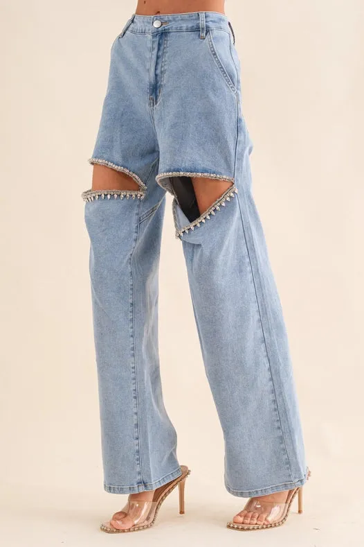 Cut Out Front Rhinestone Washed Denim Jeans Light Wash