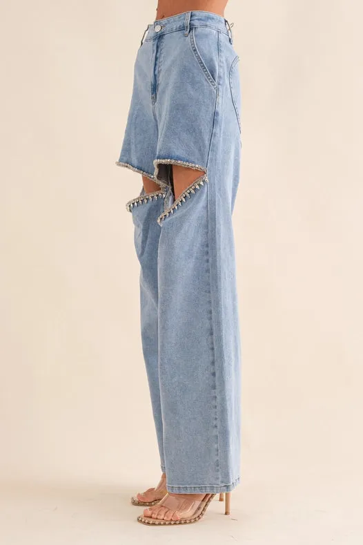 Cut Out Front Rhinestone Washed Denim Jeans Light Wash