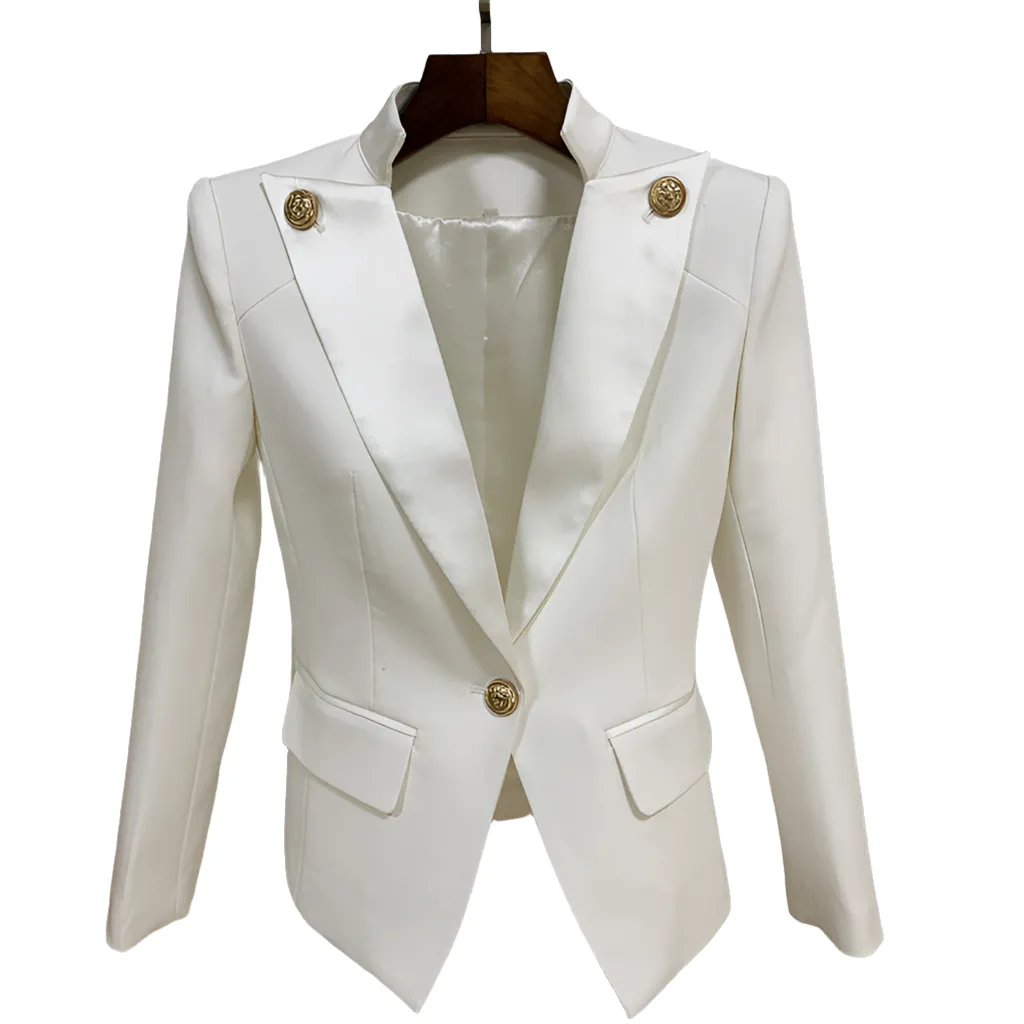 Dashing, Elegant Women's Jacket with Lion Head Buttons and Satin Collar