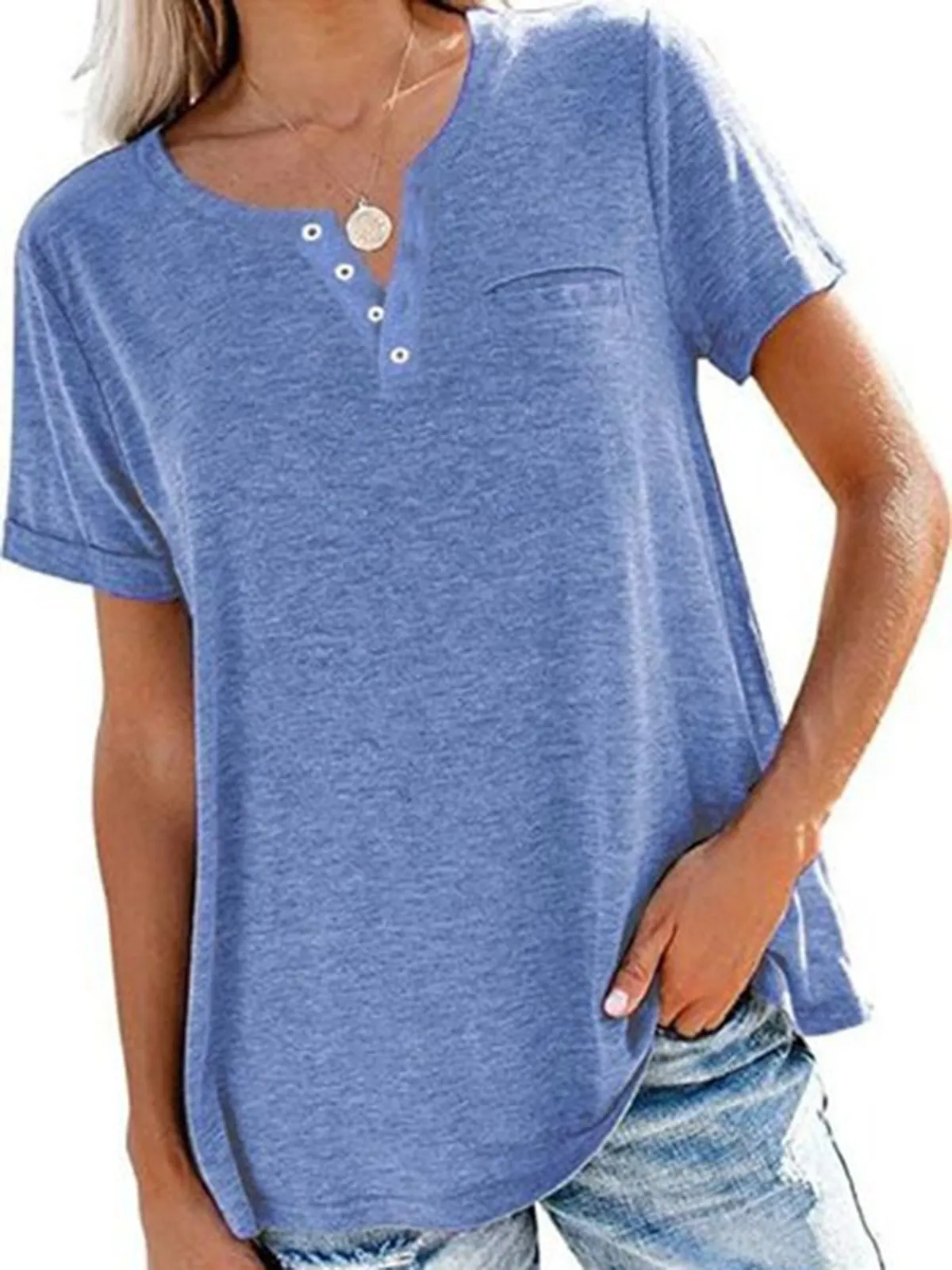 Dunnmall Crew Neck Casual Cotton Short Sleeve Shirts & Tops