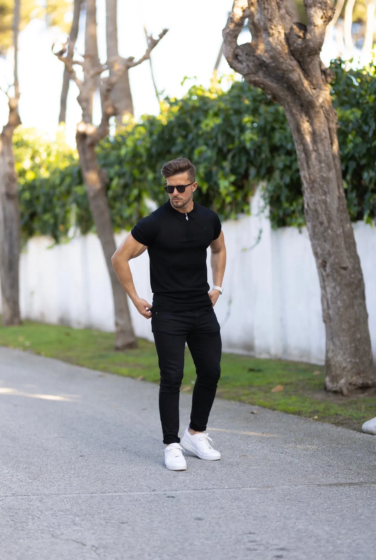 Father Sons Classic Black Merino Wool Knitted Zip Polo Short Sleeve Jumper With FS Embroidery- FSN023