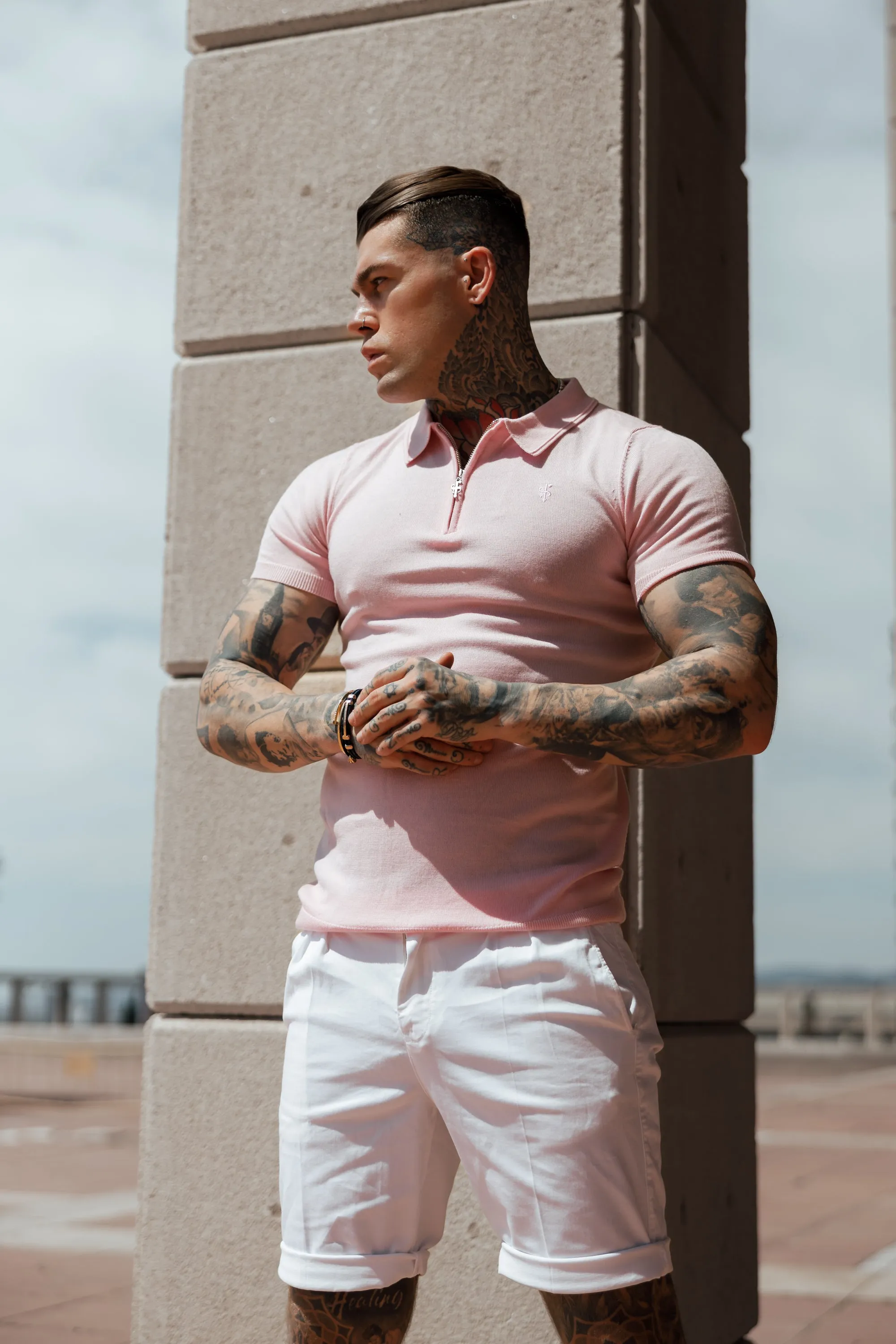 Father Sons Classic Pale Pink Merino Wool Knitted Zip Polo Short Sleeve Jumper With FS Embroidery- FSN029