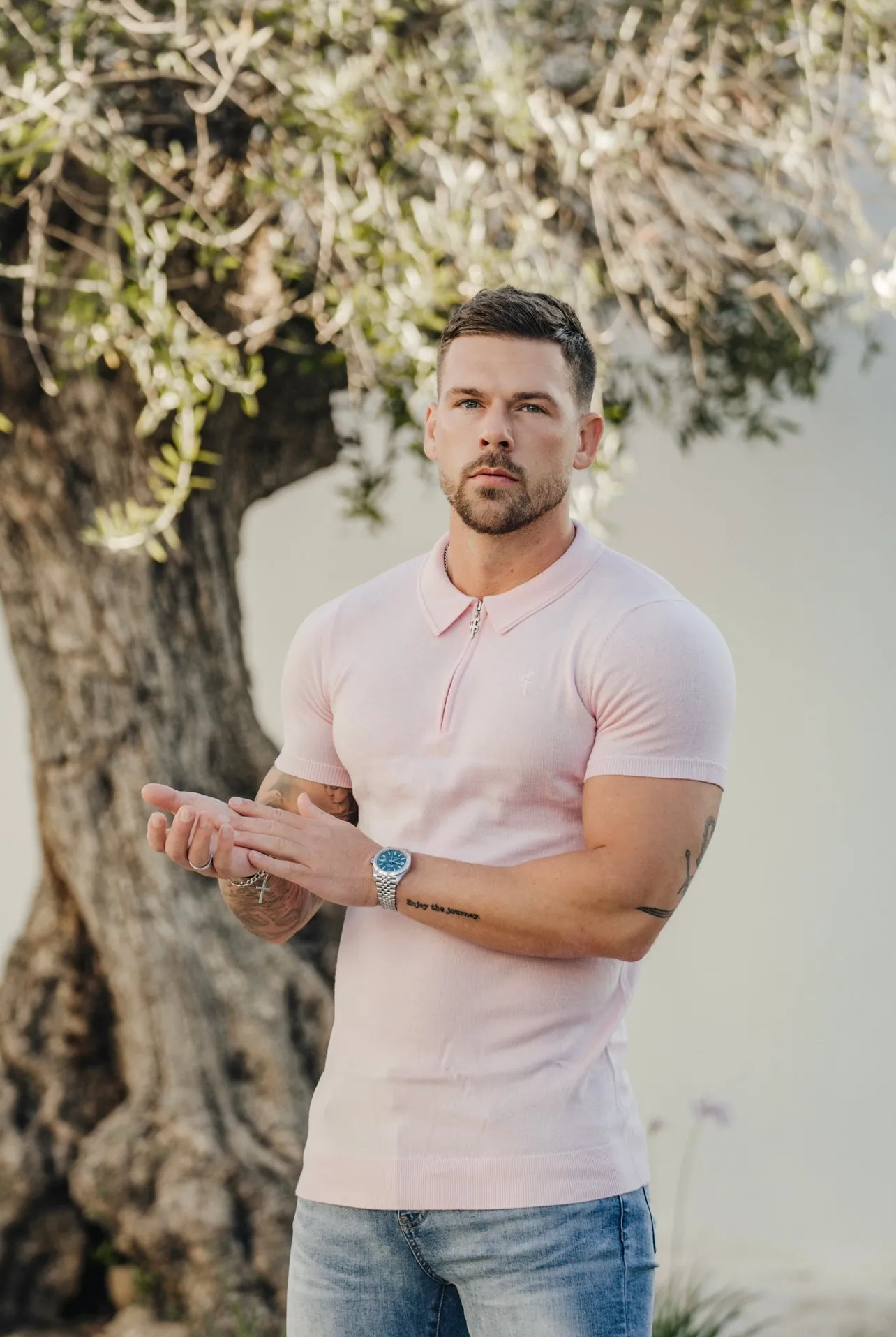 Father Sons Classic Pale Pink Merino Wool Knitted Zip Polo Short Sleeve Jumper With FS Embroidery- FSN029