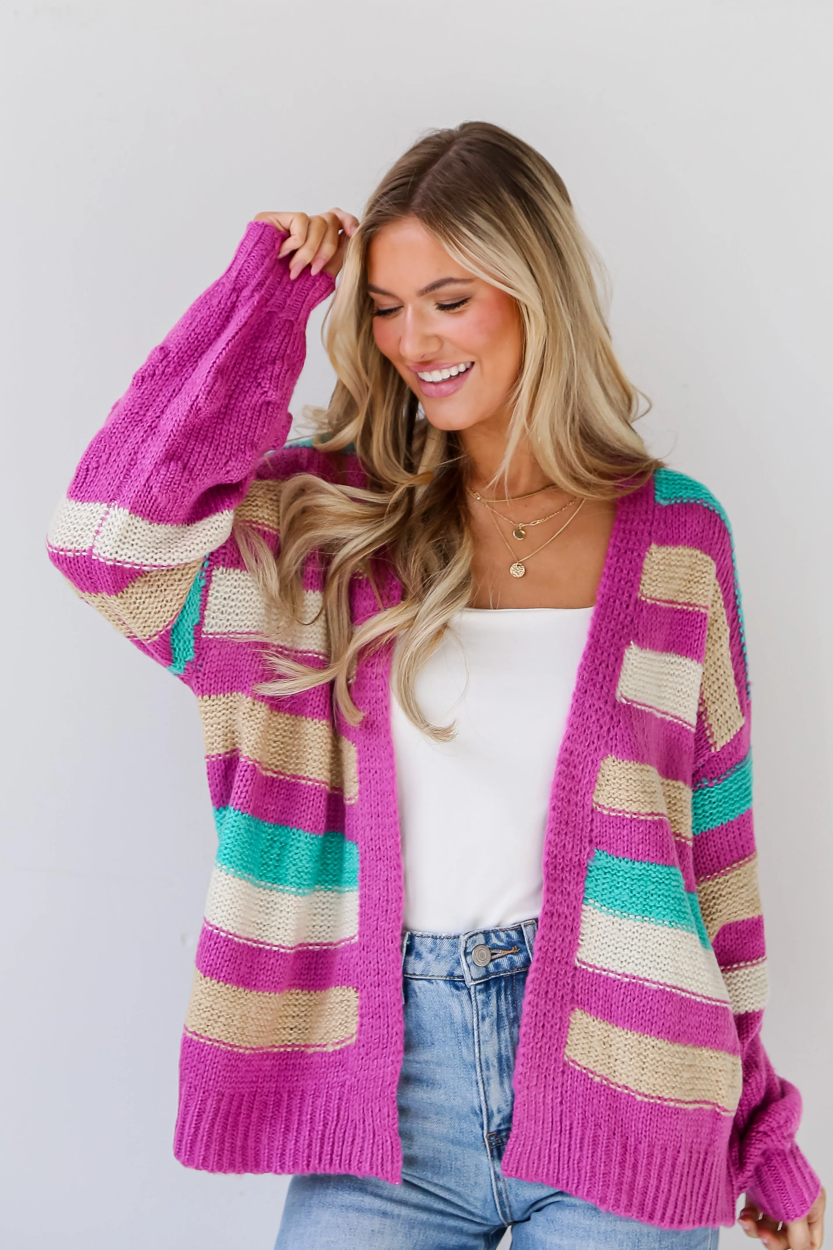 FINAL SALE - Easygoing Style Fuchsia Striped Sweater Cardigan