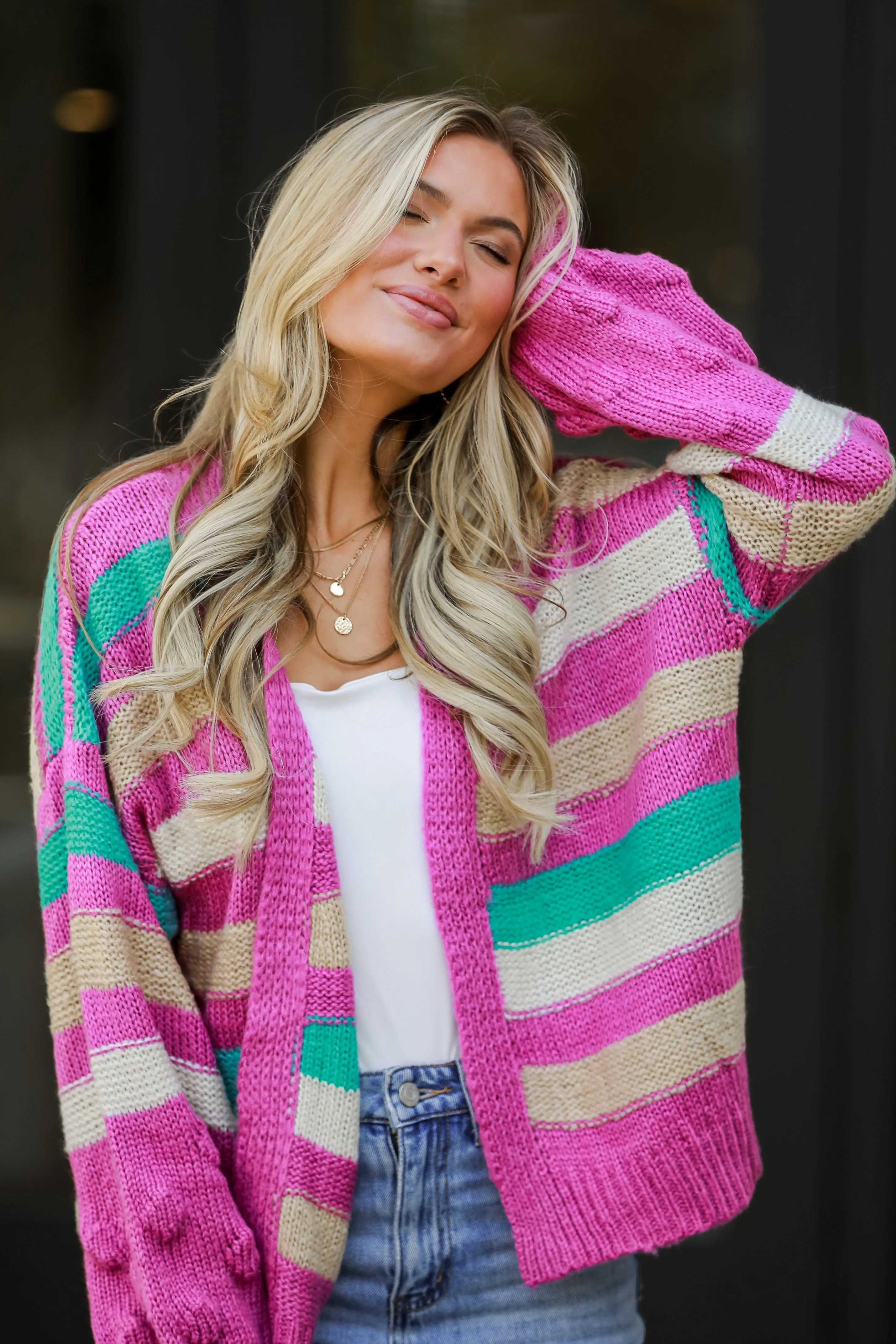 FINAL SALE - Easygoing Style Fuchsia Striped Sweater Cardigan