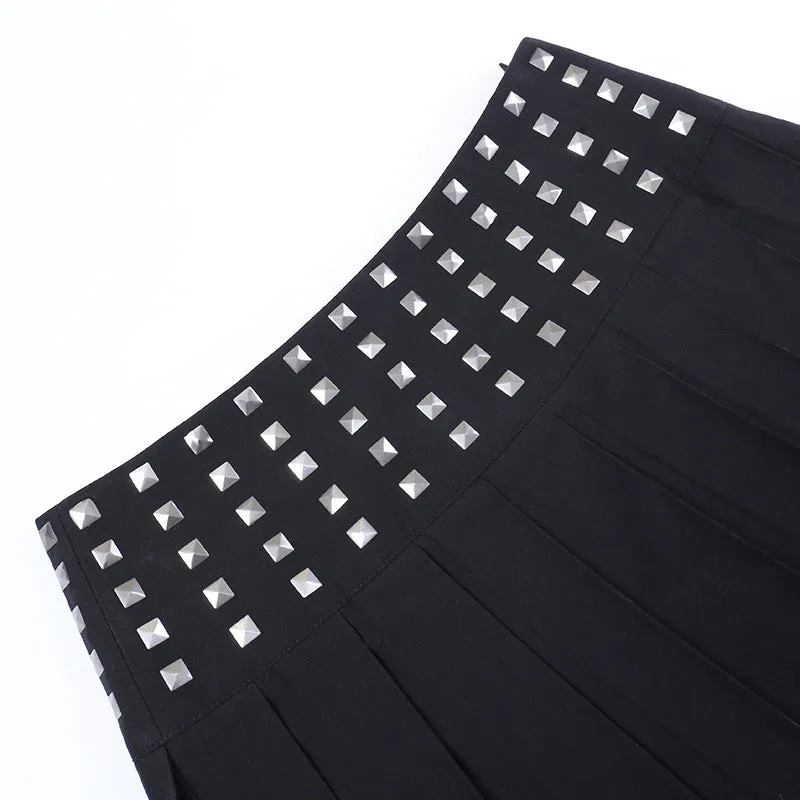 Gothic trendy rivet band highly elastic black pleated skirt for hot girls