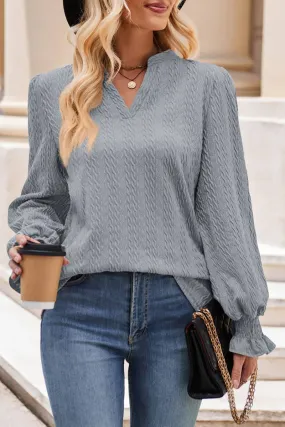 Grey V Neck Cuff Sleeve Top