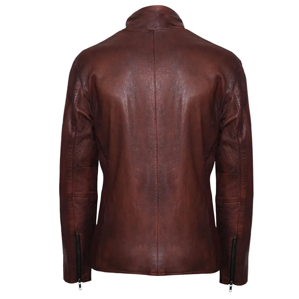 High Collar Slim Fit Mens Brown Leather Jacket