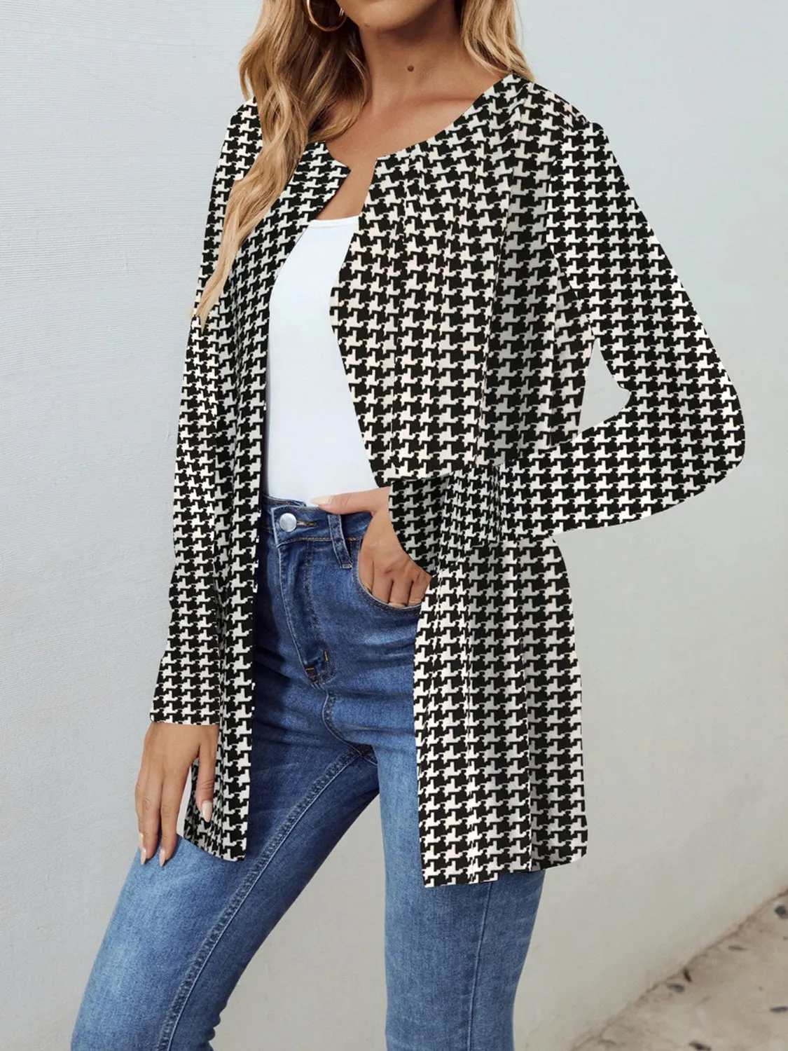 Houndstooth Open Front Long Sleeve Jacket