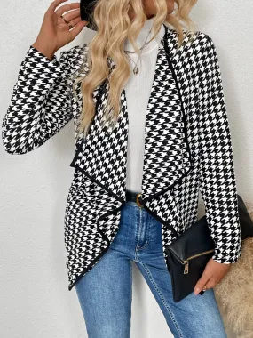 Houndstooth Open Front Long Sleeve Jacket