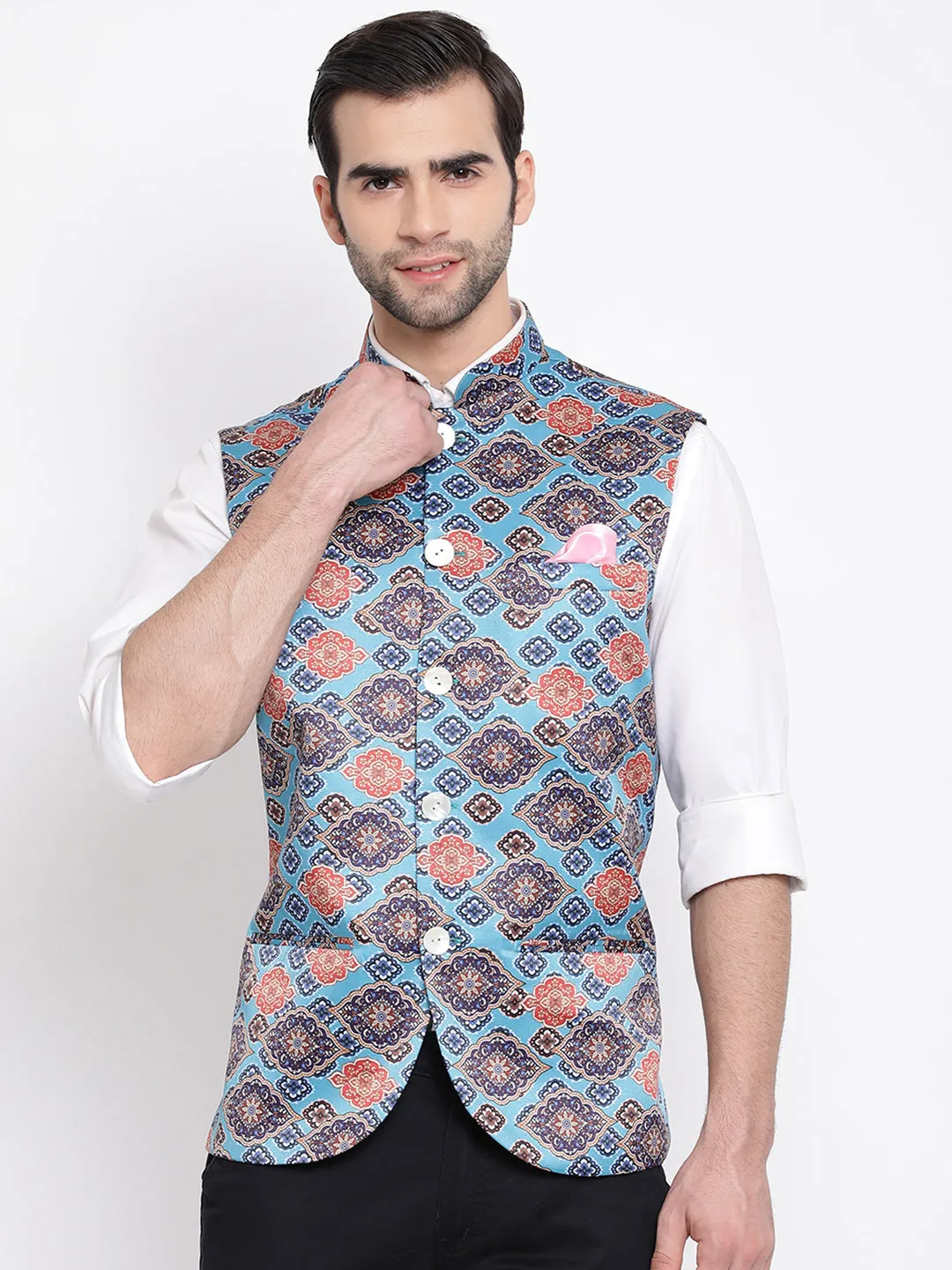 Jashvi Men's Blue Digital Printed Royal Nehru Jacket