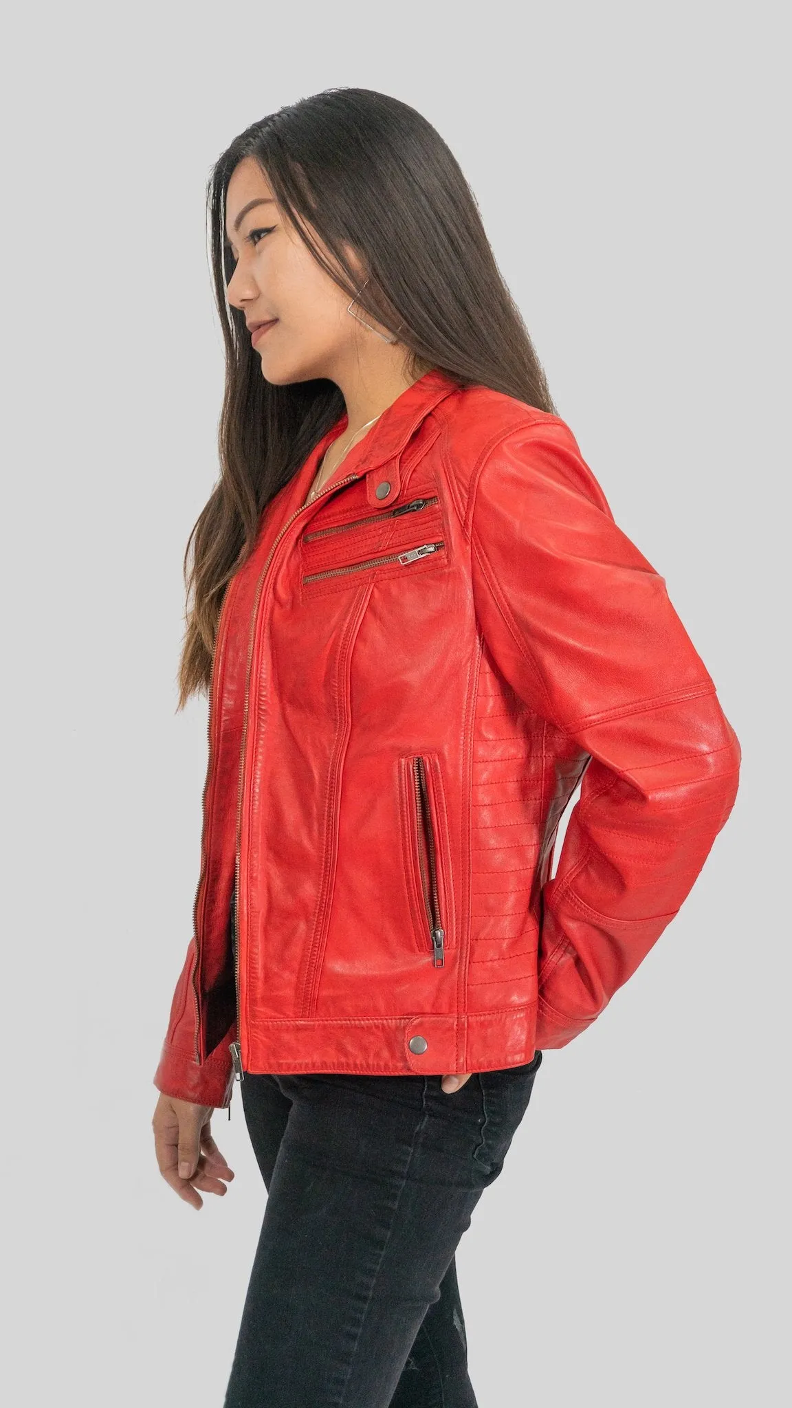 Ladies Elektra Washed Leather Jacket Spring Red