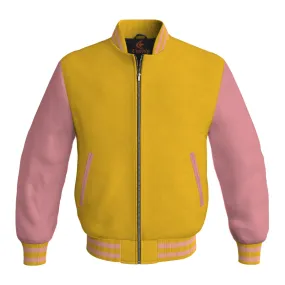 Ladies Varsity Jacket Yellow/Gold Body and Pink Leather Sleeves Bomber Jacket