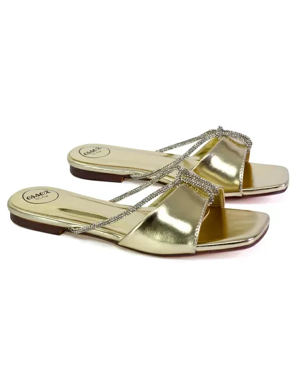 Leah Diamante Flat Sandals Square Toe Slip on Slider Mule Shoes in Gold