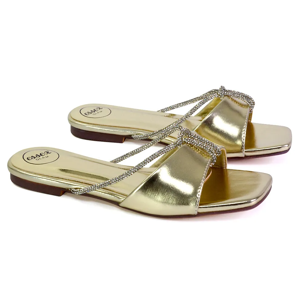 Leah Diamante Flat Sandals Square Toe Slip on Slider Mule Shoes in Gold